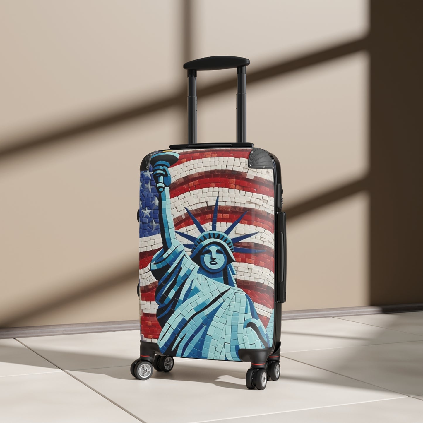 Patriotic Mosaic Artwork, Liberty Statue with Flag, Emblematic Freedom, Independence Day Mural, National Pride Abstract Tilework - Suitcase