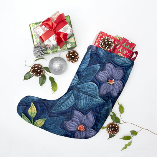 Floral Embroidery Blue: Denim-Inspired, Artisan-Crafted Flower Design - Christmas Stockings