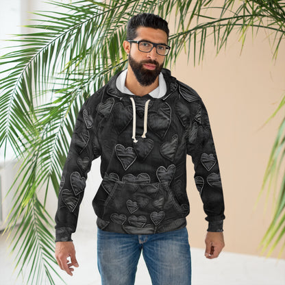 Negro azabache: diseño de bordado de corazón de tela inspirado en mezclilla desgastada - Sudadera con capucha unisex (AOP) 