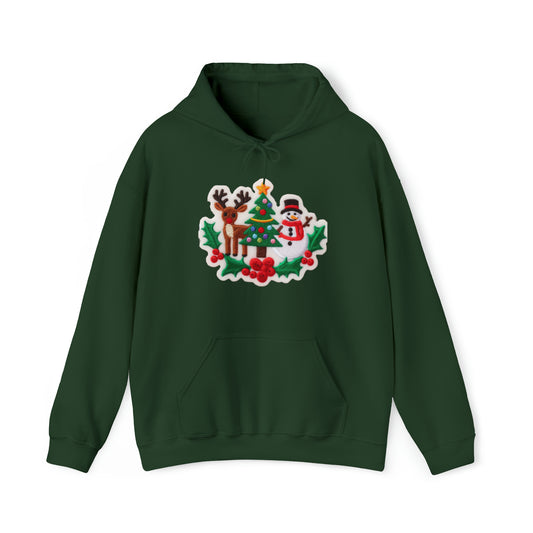 Christmas Snowman & Reindeer Embroidered Patch Design - Unisex Heavy Blend™ Hooded Sweatshirt