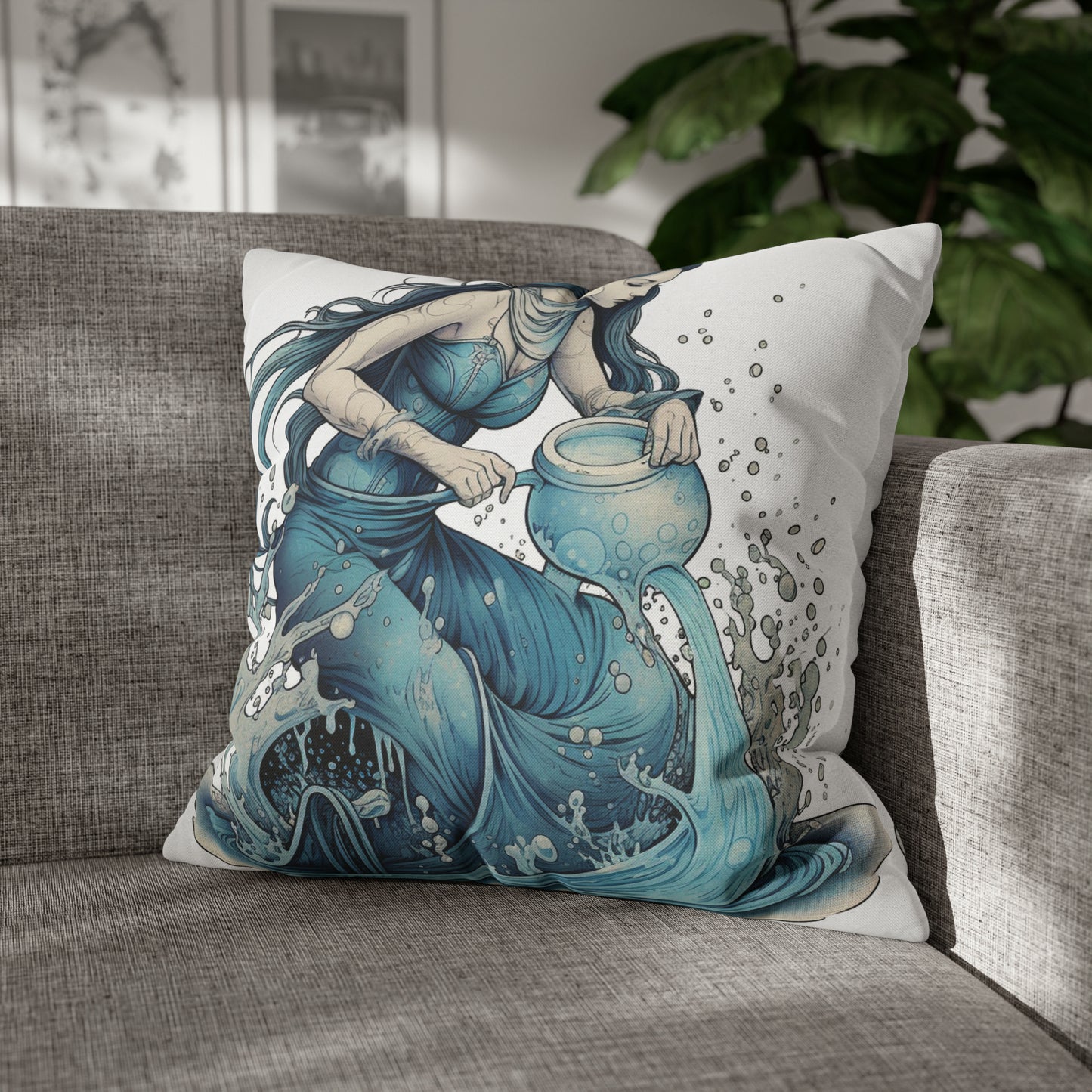 Aquarius Zodiac Symbol - Girl Pouring Water, Hand-Drawn Style - Spun Polyester Square Pillow Case