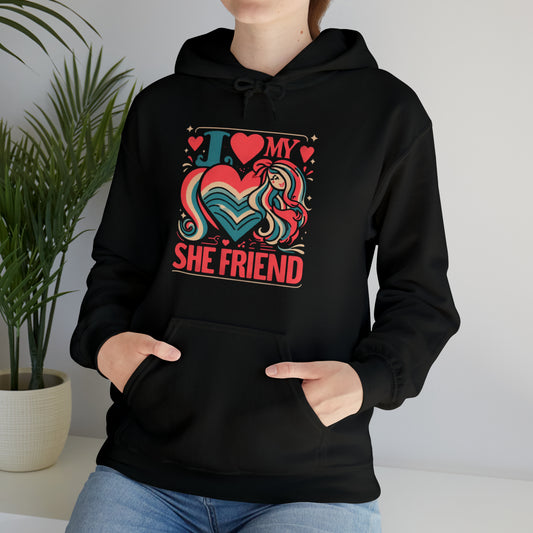 I Love My She Friend - Retro Style LGBQ Heart & Friendship Graphic, Vibrant Love and Appreciation - Unisex Heavy Blend™ Hooded Sweatshirt