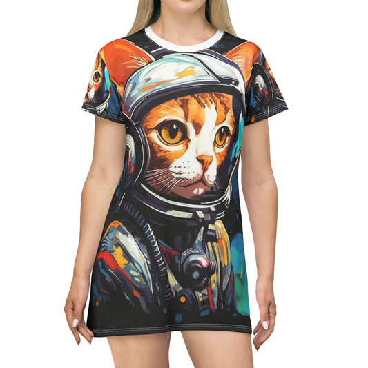 Astro Cat Adventure Feline - Pop Art, Floating in Cosmic Space - T-Shirt Dress (AOP)