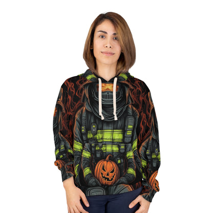 Firefighter Spooky Alert: Facing Haunted Halloween Spirits Scary Fire Pumpkin - Unisex Pullover Hoodie (AOP)