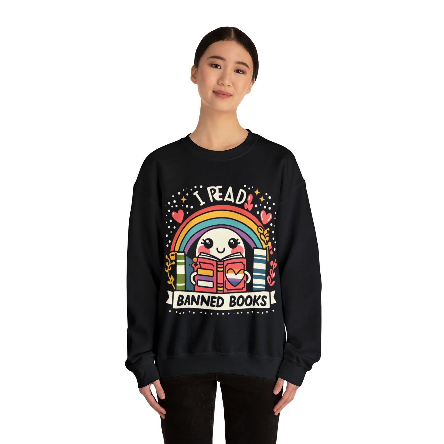 Leo libros prohibidos - Personaje alegre y arco iris - Sudadera unisex Heavy Blend™ Crewneck