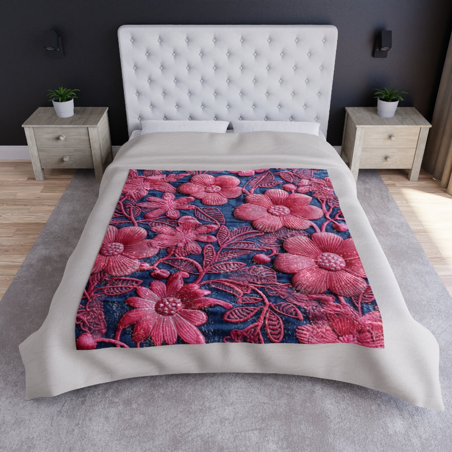 Denim Blue Doll Pink Floral Embroidery Style Fabric Flowers - Crushed Velvet Blanket