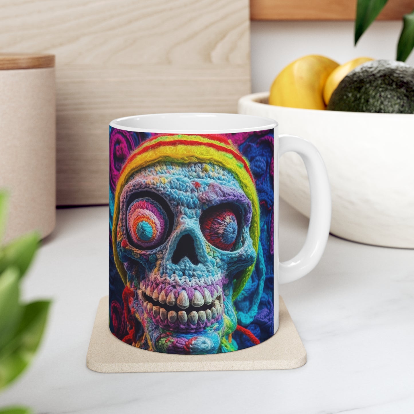 Diseño de terror aterrador de Halloween con calavera de ganchillo - Taza de cerámica 11oz 