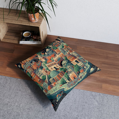 Galactic Metropolis Pattern, Sci-Fi Inspired - Tufted Floor Pillow, Square