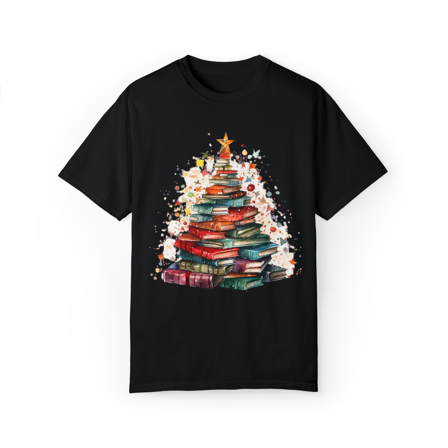 Book Stack Christmas Tree, Festive Holiday Illustration, Cozy Winter Reading Theme, Seasonal Book Lover Artwork - Unisex Garment-Dyed T-shirt