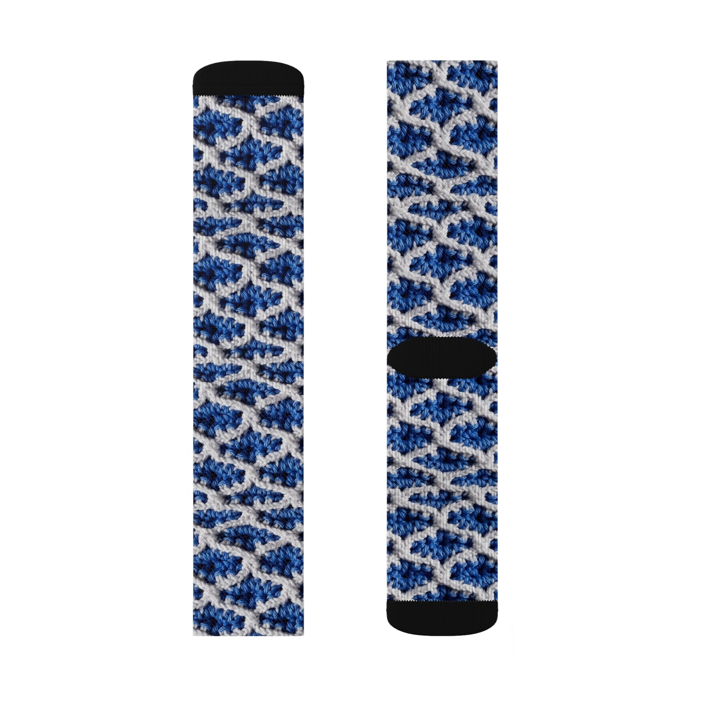 Blueberry Blue Crochet, White Accents, Classic Textured Pattern - Sublimation Socks