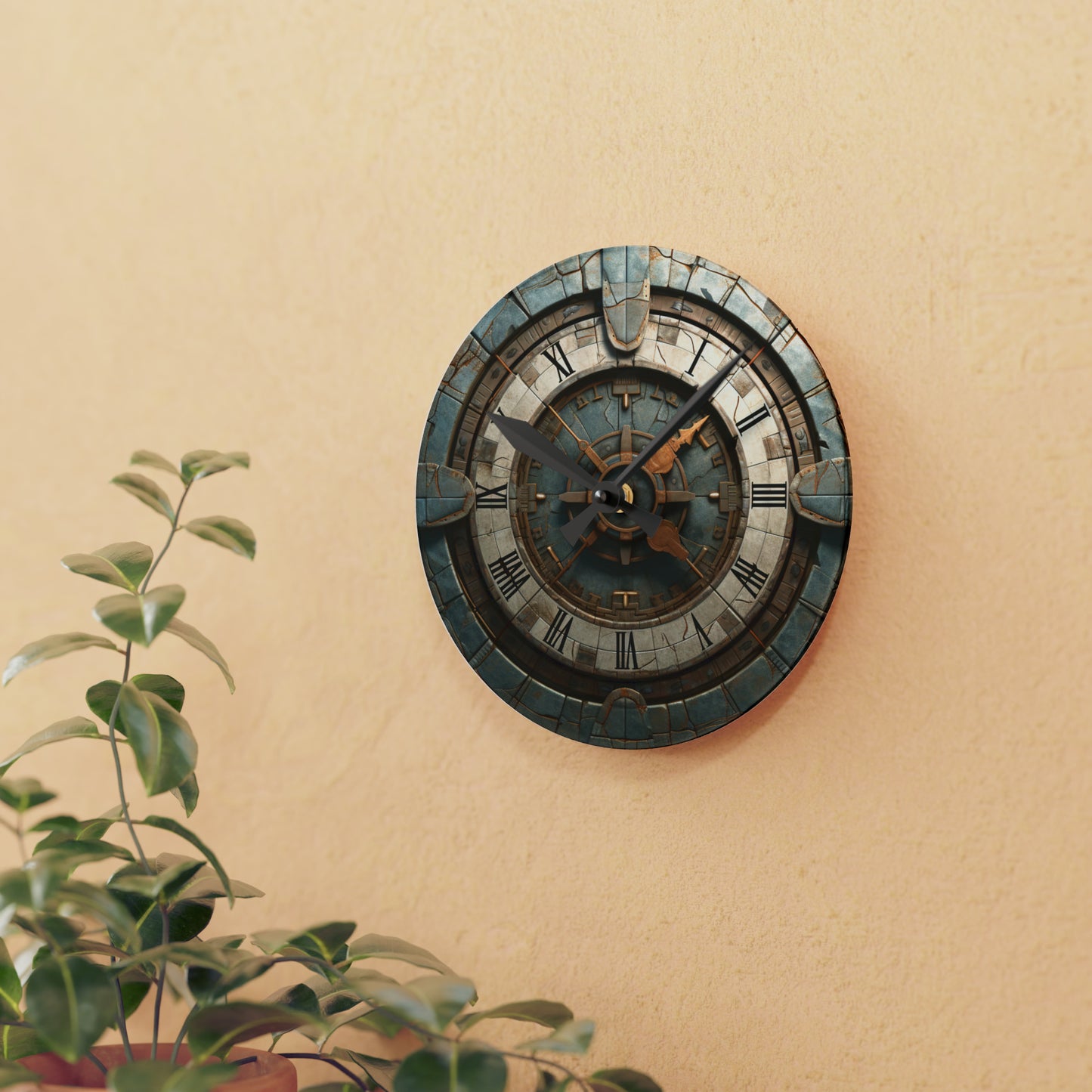 Reloj de piedra antiguo, simetría plana, estilo de dibujos animados, reloj de pared acrílico 