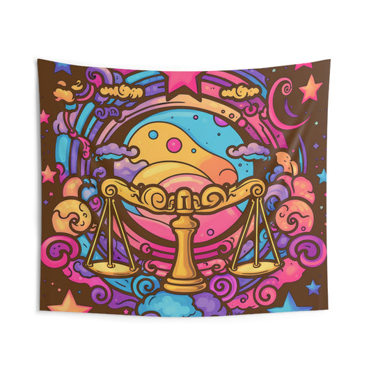 Cosmic Libra - Trippy Psychedelic Cartoon Art Zodiac Sign - Indoor Wall Tapestries