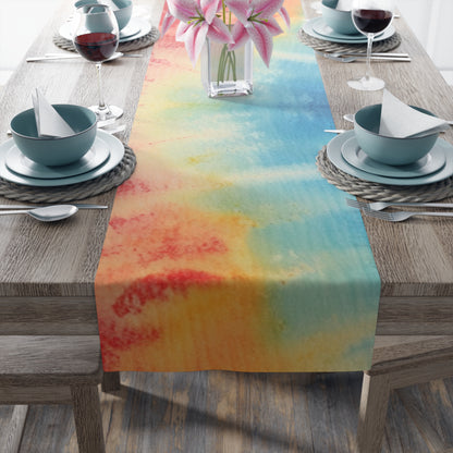 Rainbow Tie-Dye Denim: Espectáculo de diseño de tela multicolor vibrante - Camino de mesa (algodón, poliéster) 