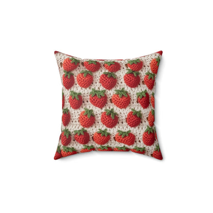 Strawberry Traditional Japanese, Crochet Craft, Fruit Design, Red Berry Pattern - Spun Polyester Square Pillow