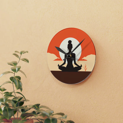 Reloj de pared acrílico con postura de yoga al amanecer 