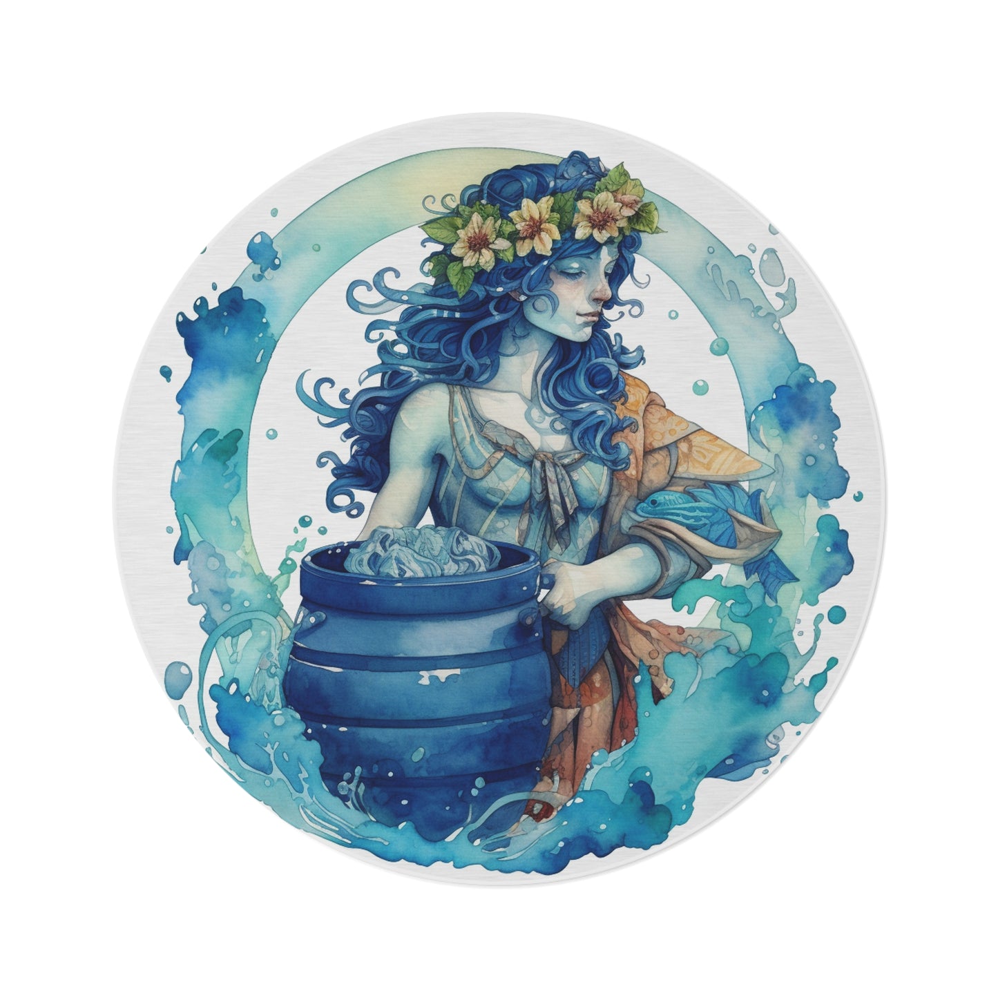 Artistic Aquarius Zodiac - Watercolor Water-Bearer Depiction - Round Rug