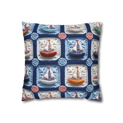 Crochet Boat Ship Sea Vessel Ocean Beach Travel Yacht Design - Spun Polyester Square Pillow Case