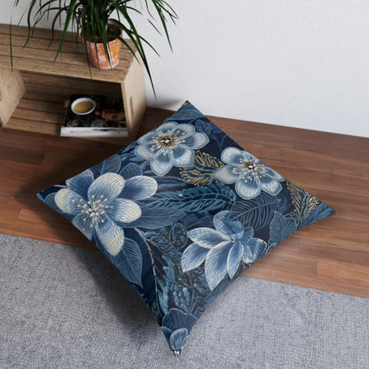 Flower Blossom Embroidery Floral on Denim Style - Tufted Floor Pillow, Square