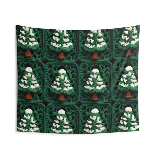 Evergreen Christmas Trees Crochet, Festive Pine Tree Holiday Craft, Yuletide Forest, Winter - Indoor Wall Tapestries