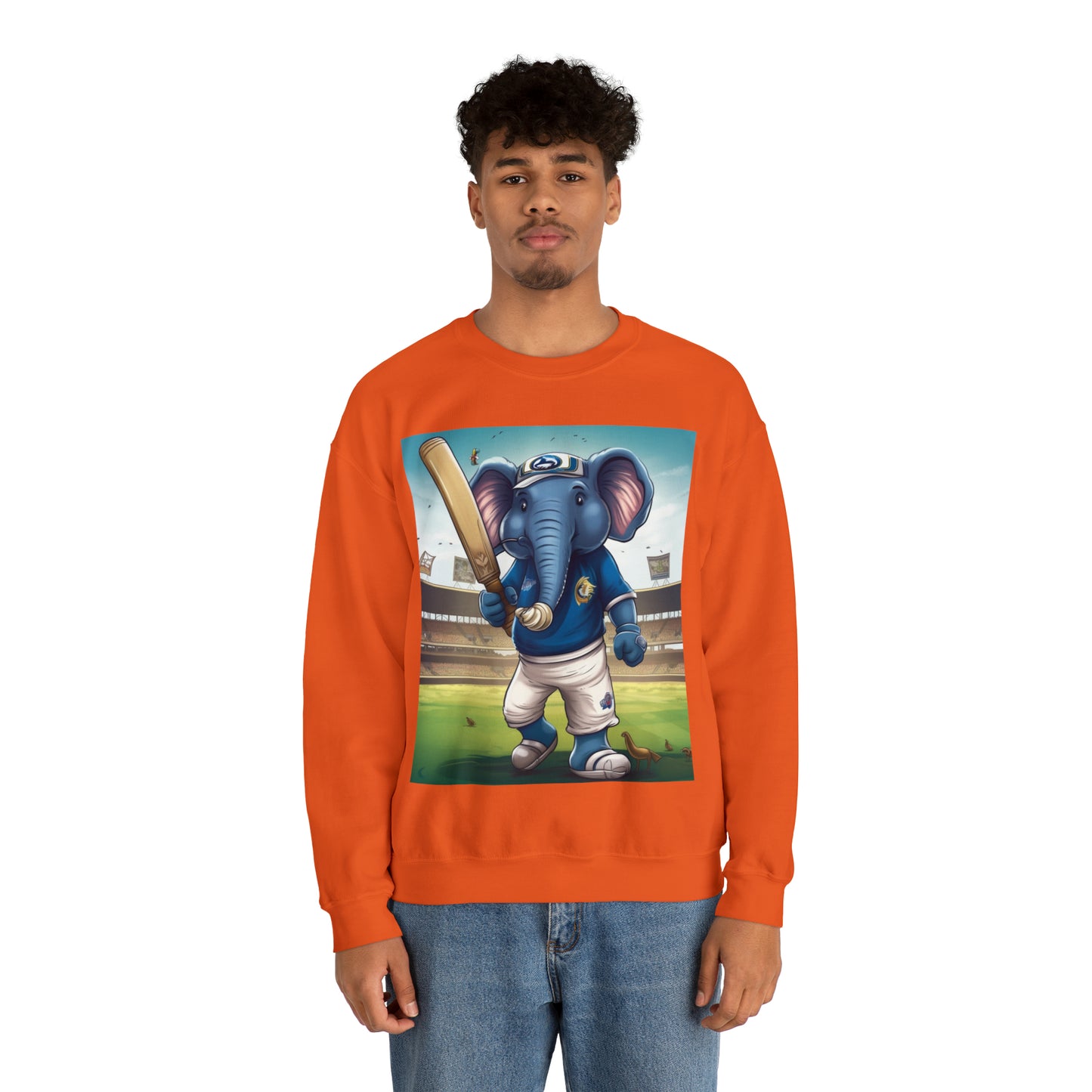 India Elephant Cricket Sport Star: Pitch, Run, Stump Game - Animated Charm - Unisex Heavy Blend™ Crewneck Sweatshirt