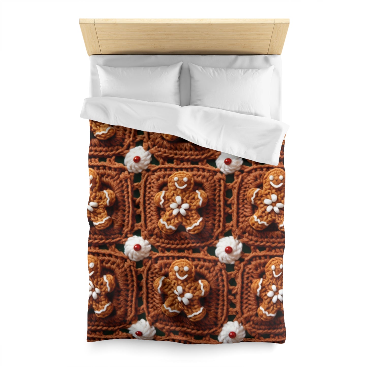 Gingerbread Man Crochet, Classic Christmas Cookie Design, Festive Yuletide Craft. Holiday Decor - Microfiber Duvet Cover