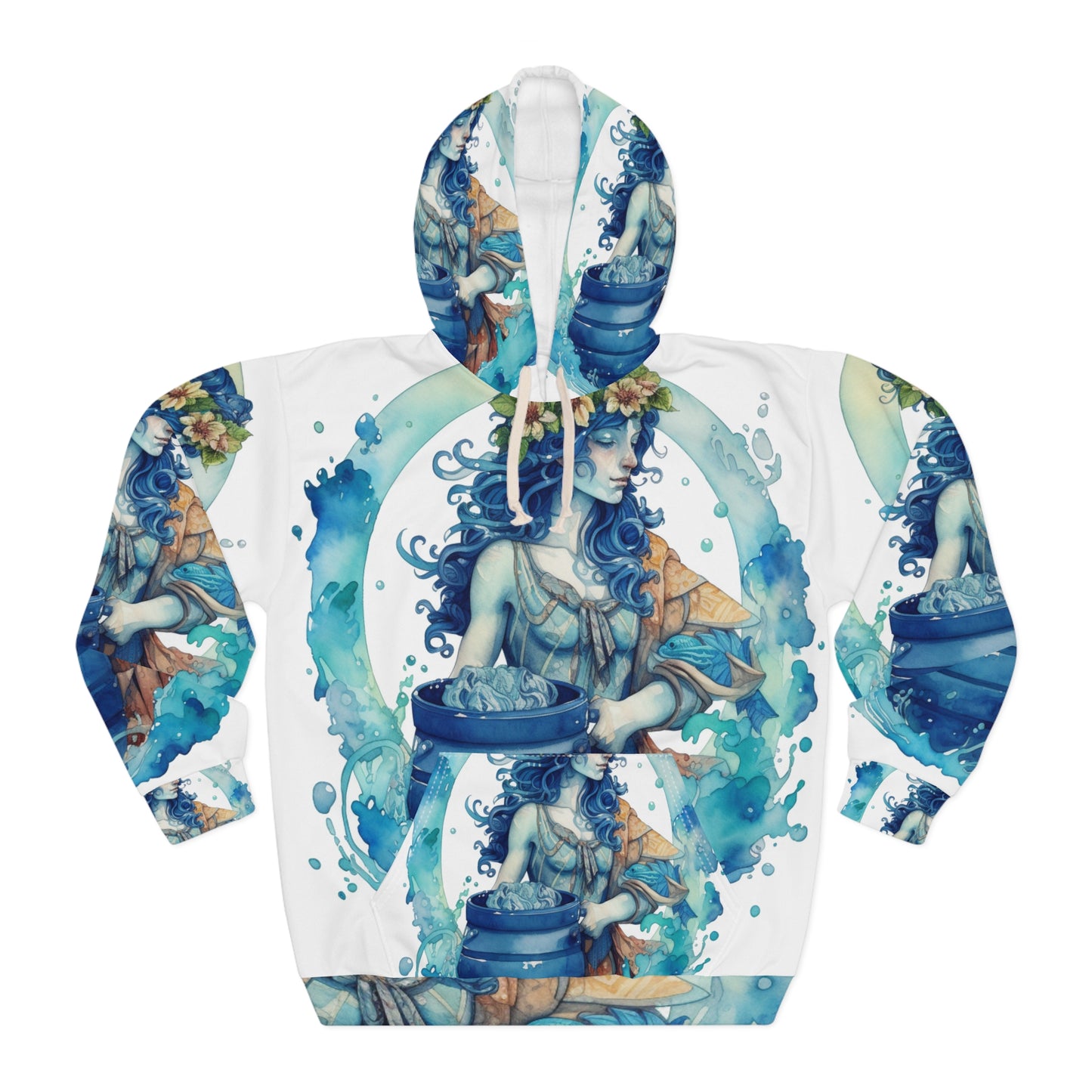 Artistic Aquarius Zodiac - Watercolor Water-Bearer Depiction - Unisex Pullover Hoodie (AOP)