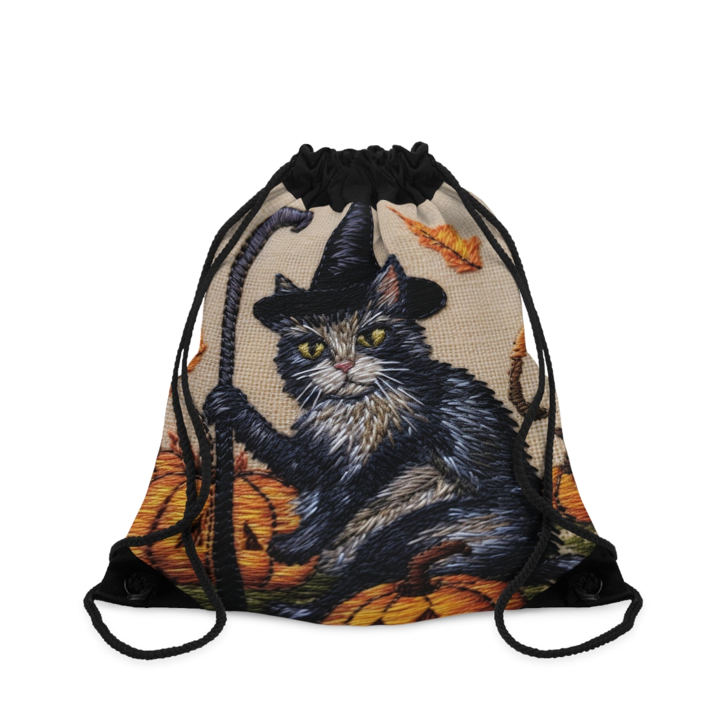 Halloween Cat Magic: Embroidered Style Feline with Pumpkins & Witch Hat - Drawstring Bag