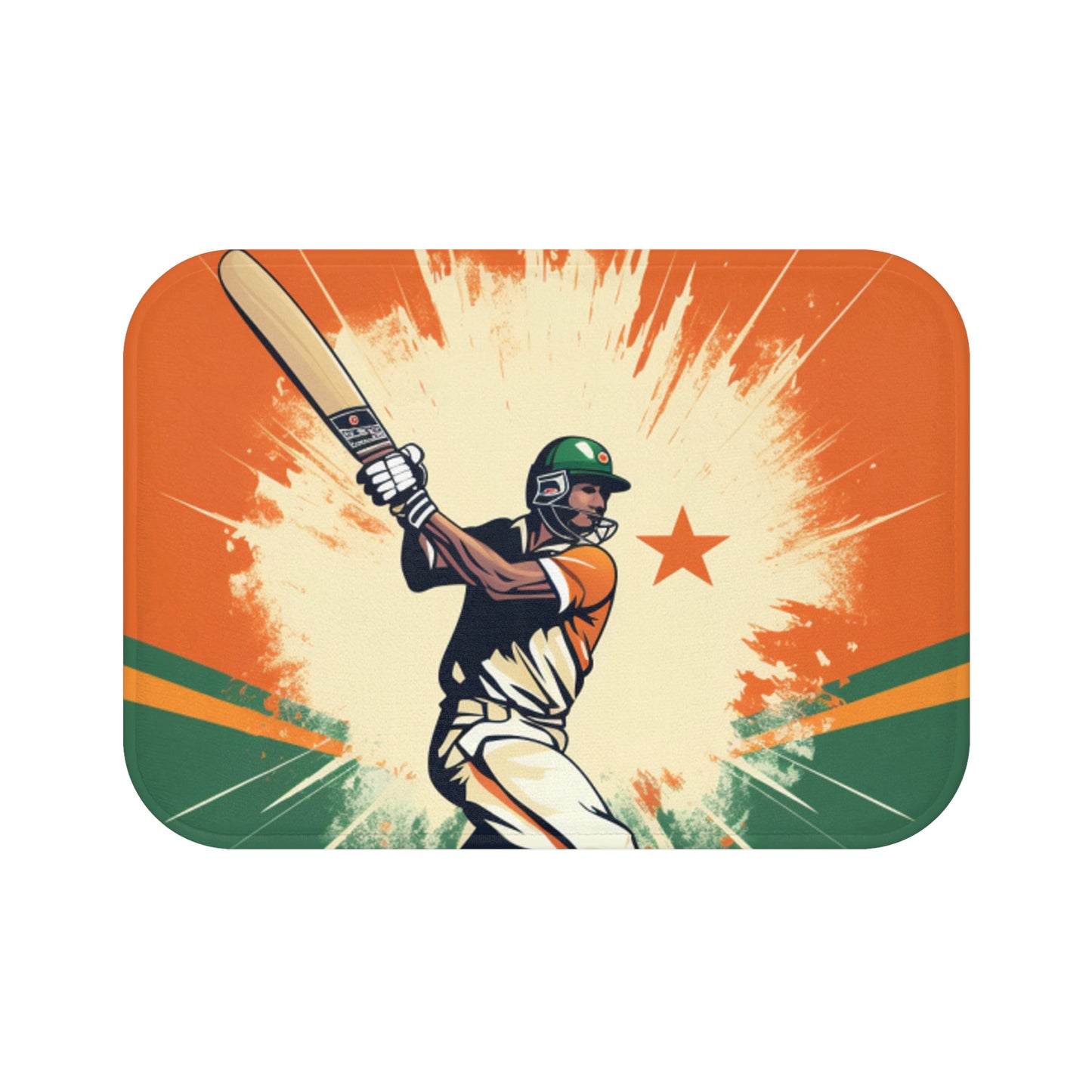 India Cricket Star: Batsman With Willow Bat, National Flag Style - Sport Game - Bath Mat