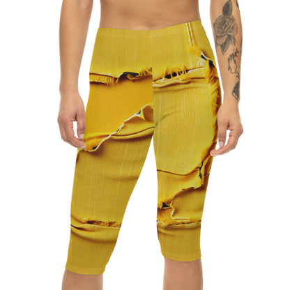 Banana Yellow Lemon: Bold Distressed, Denim-Inspired Fabric - Women’s Capri Leggings (AOP)