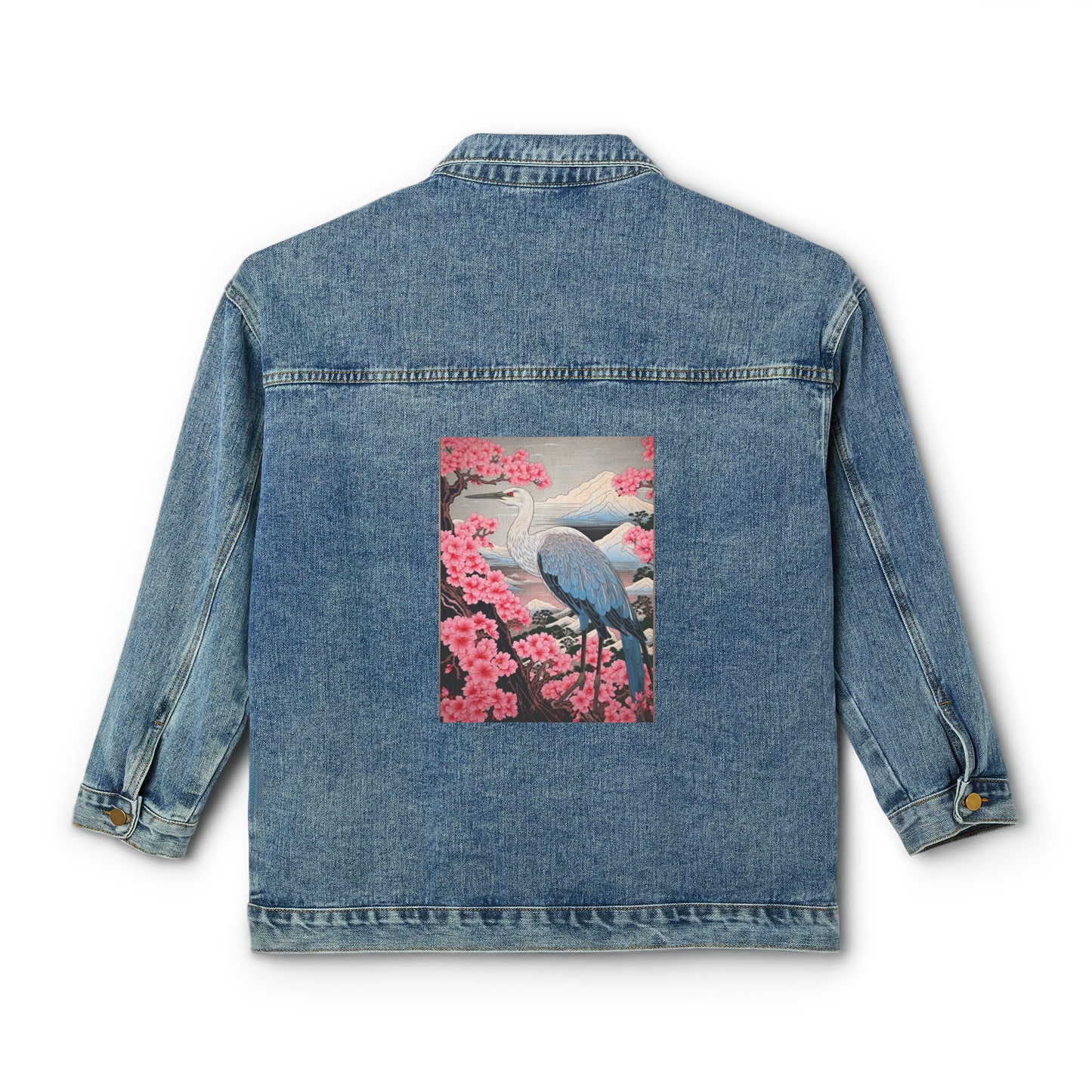 Sakura Blossoms Majestic Crane - Japanese, Birthday Gift for Dad, Traditional Indigo & Mount Fuji - Women's Denim Jacket