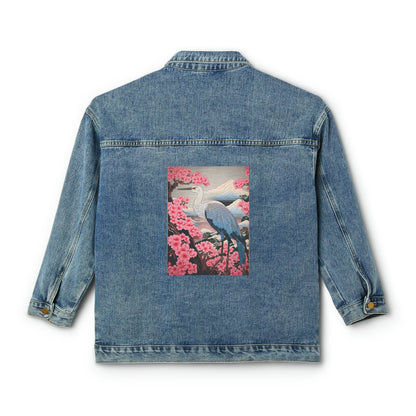 Sakura Blossoms Majestic Crane - Japanese, Birthday Gift for Dad, Traditional Indigo & Mount Fuji - Women's Denim Jacket