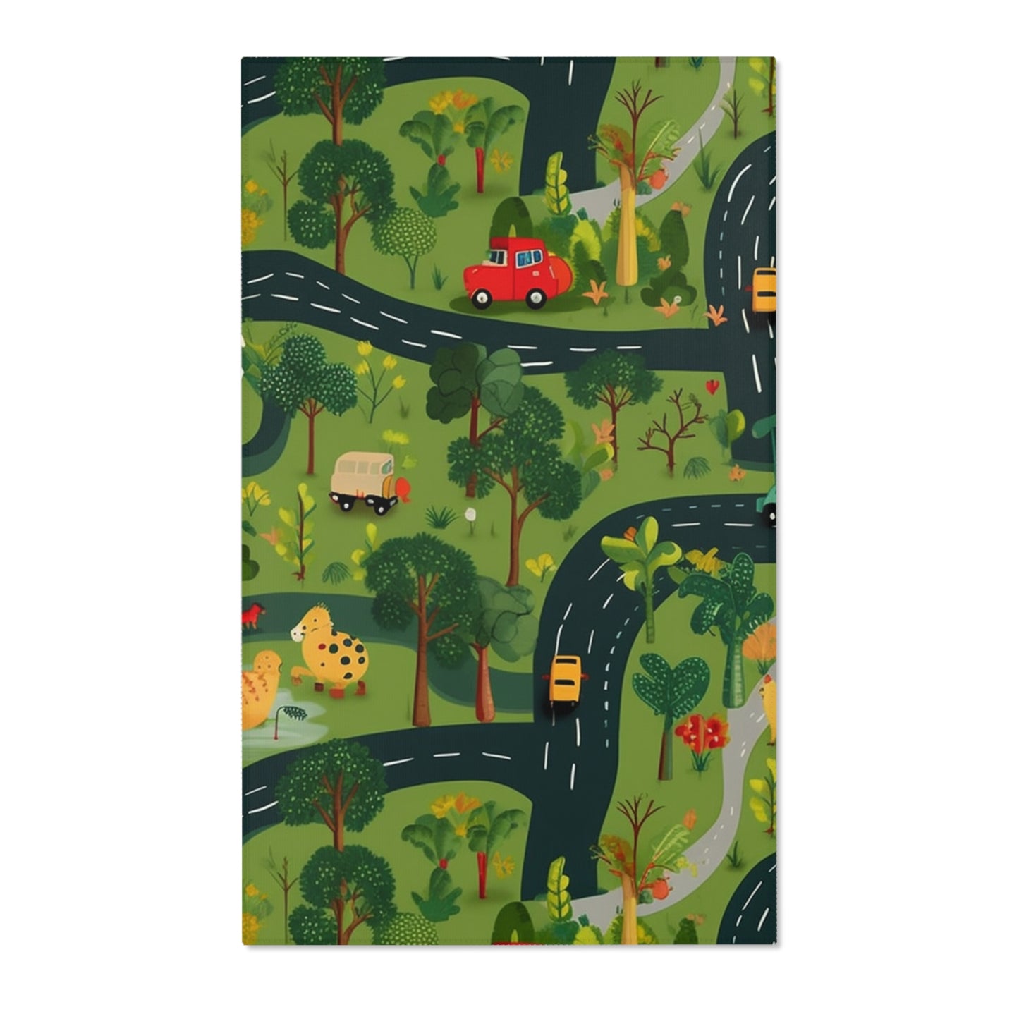 Jungle Journey: Kids' Car Roadway in Lush Forest Setting Play - Area Rugs