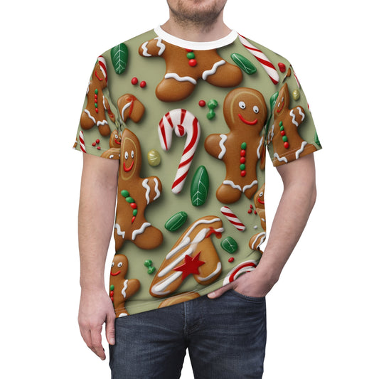 Gingerbread Man Christmas Cookie - Tree - Candy Cane - Unisex Cut & Sew Tee (AOP)