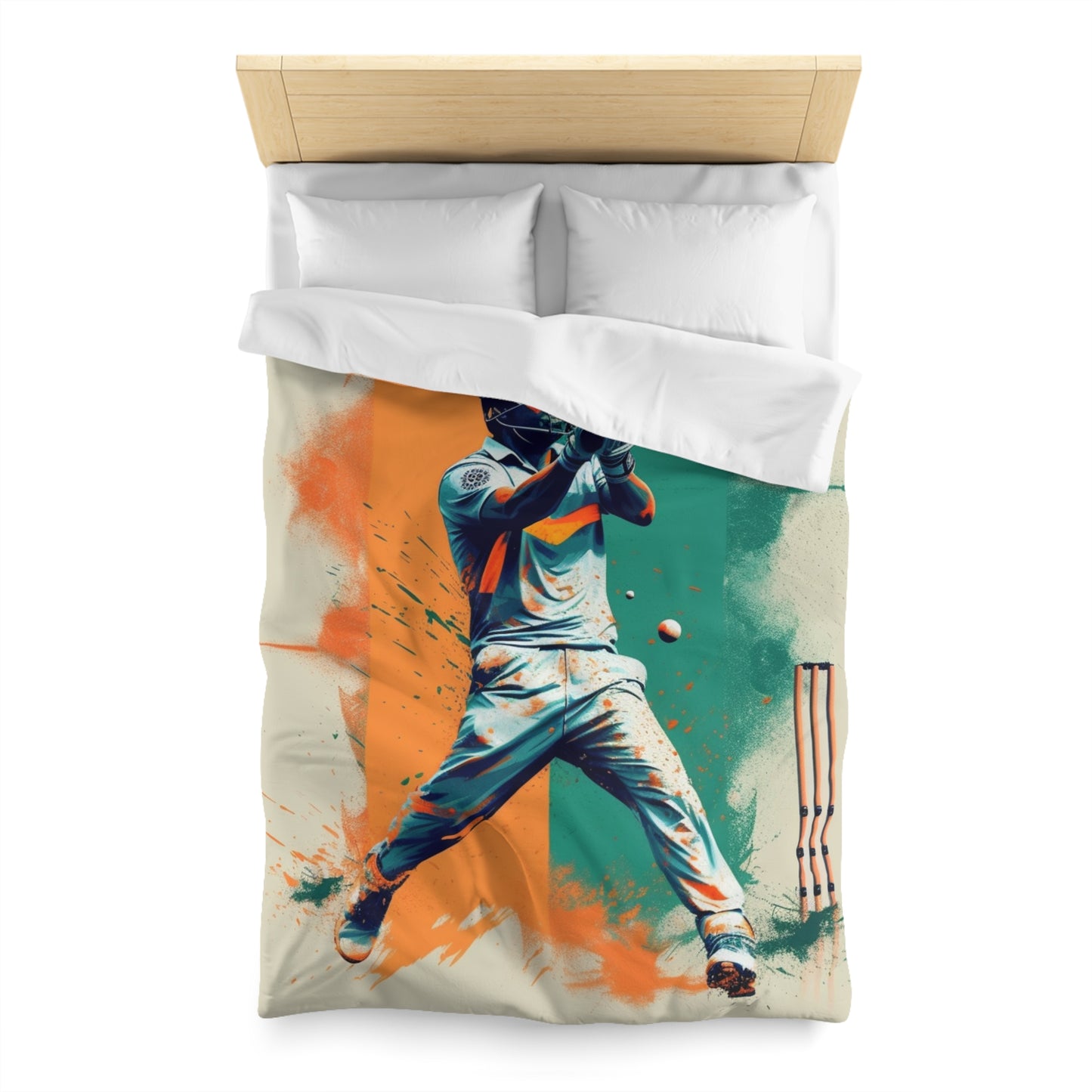 Cricket Batsman, Ball Strike, Indian Flag Color Background - Street Style - Microfiber Duvet Cover