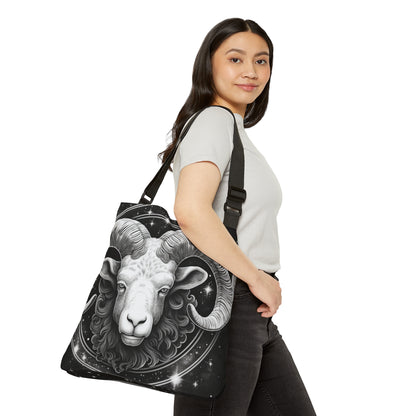 Bolso de mano del zodiaco Aries, diseño de carnero blanco y negro, 100% poliéster hilado, correa ajustable 