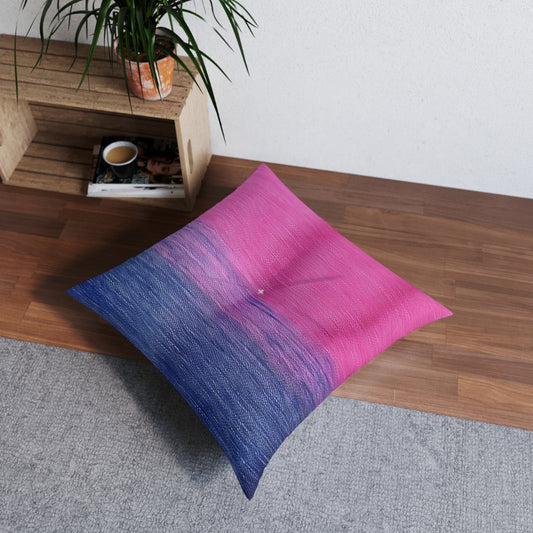 Dual Delight: Half-and-Half Pink & Blue Denim Daydream - Tufted Floor Pillow, Square