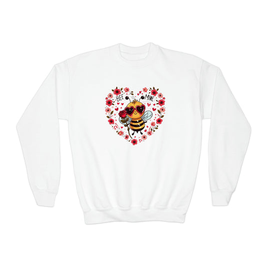 Whimsical Bee Love: Heartfelt Valentines Design with Floral Accents and Heart Sunglasses - Youth Crewneck Sweatshirt