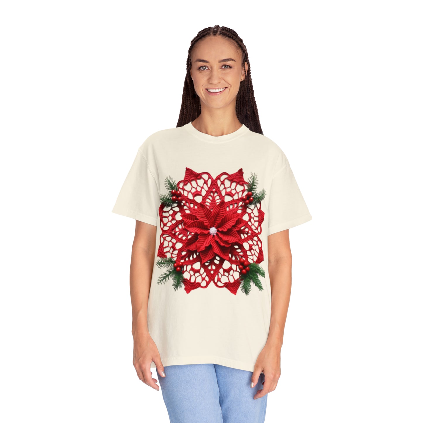 Red Crochet Poinsettia: Festive Christmas Lace with Holly - Unisex Garment-Dyed T-shirt