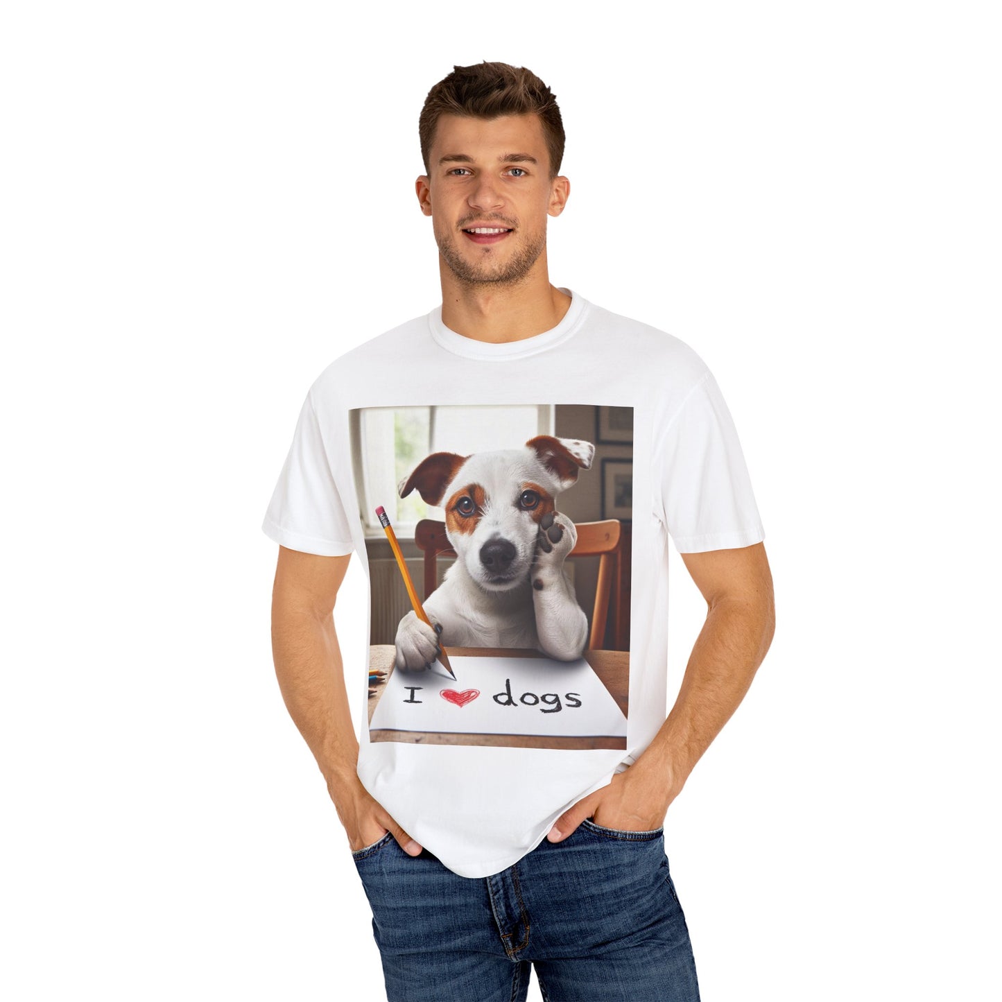 Adorable perro escribiendo Me encantan los perros, linda mascota con ilustración de lápiz, arte amante de los animales, canino juguetón - camiseta unisex teñida de ropa 