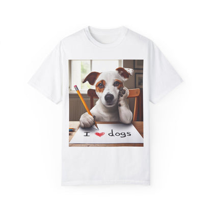 Adorable perro escribiendo Me encantan los perros, linda mascota con ilustración de lápiz, arte amante de los animales, canino juguetón - camiseta unisex teñida de ropa 