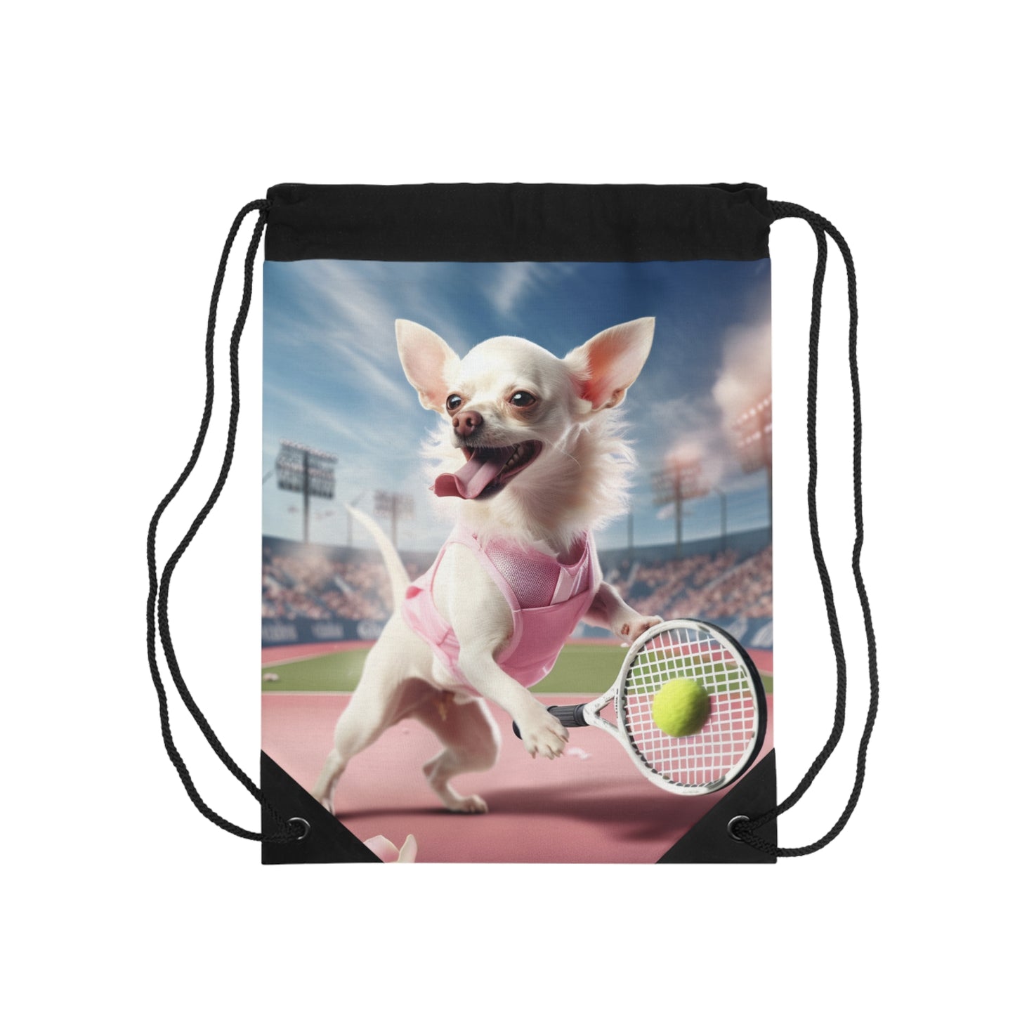 Chihuahua Tennis Ace: Dog Pink Outfit, Court Atheletic Sport Game - Drawstring Bag