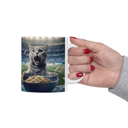 Halftime Football Feline: Screaming Sports Fan Cat Stadium Food Kitten - Ceramic Mug 11oz