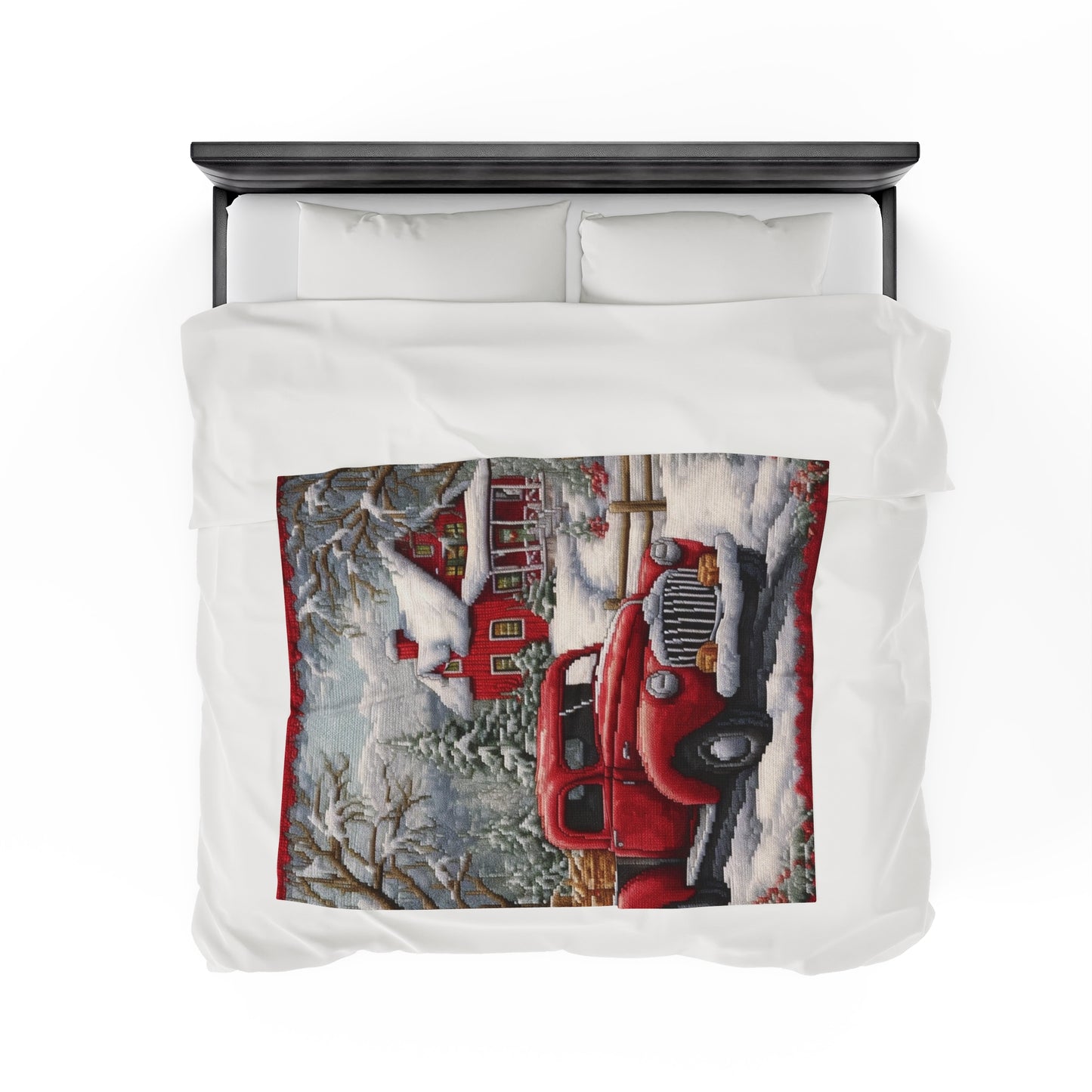 Red Truck Christmas Embroidery: Needlepoint Festive Winter Scene Threadwork - Velveteen Plush Blanket