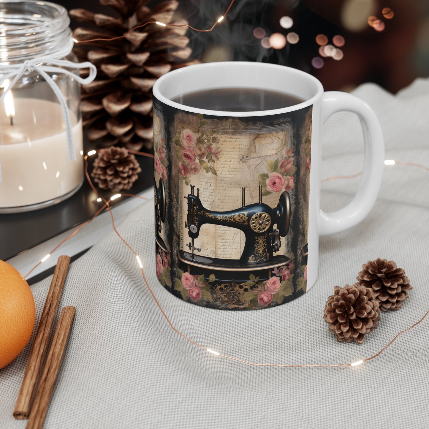 Gothic Black Sewing Machine with Golden Accents and Roses, Classic Tailoring - Ceramic Mug 11oz