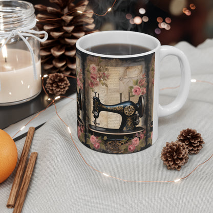 Gothic Black Sewing Machine with Golden Accents and Roses, Classic Tailoring - Ceramic Mug 11oz