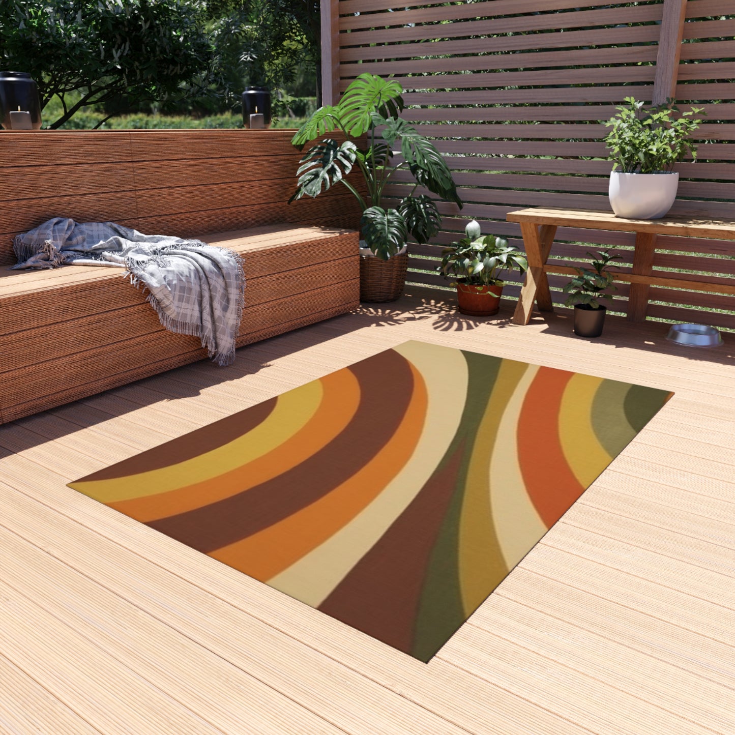 Groovy 1970s Mod-Inspired Outdoor Rug in Bold Orange, Green, Rust, Gold & Beige