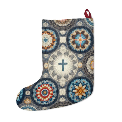 Bohemian Crochet Mandala with Centered Christian Cross - Earthy Tones Mosaic - Christmas Stockings