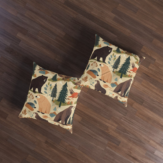 Inspiración en el desierto de EE. UU.: osos grizzly, almohada de suelo copetuda con estampado de animales, cuadrada 