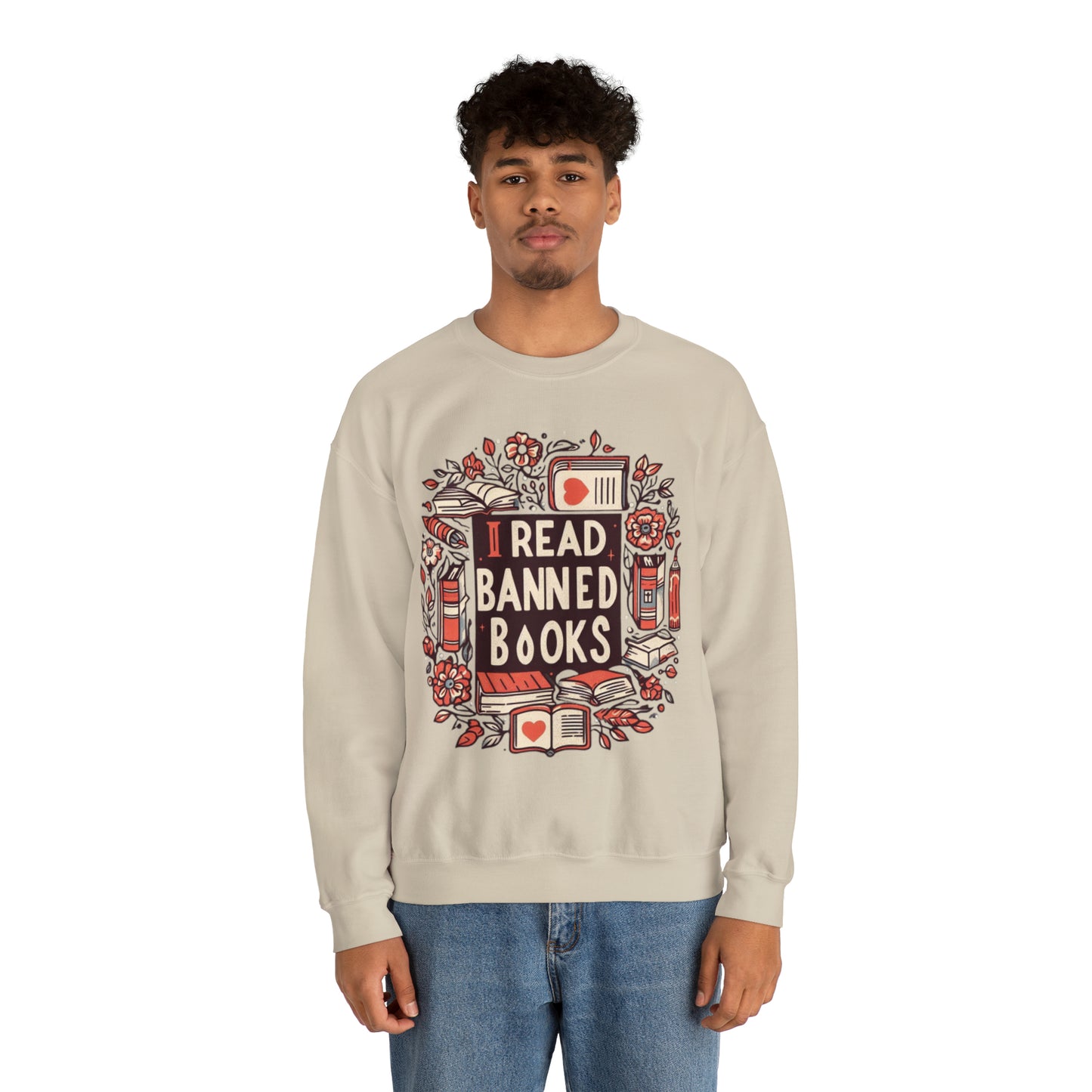 I Read Banned Books - Timeless Floral Bookshelf Illustration - Unisex Heavy Blend™ Crewneck Sweatshirt