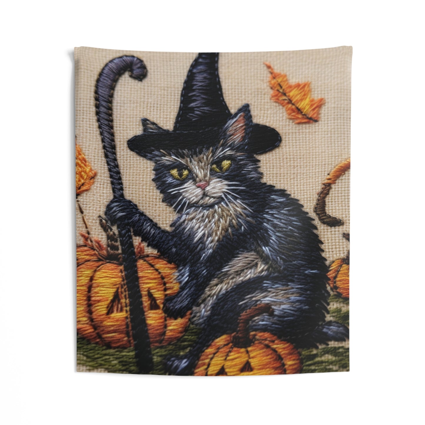 Halloween Cat Magic: Embroidered Style Feline with Pumpkins & Witch Hat - Indoor Wall Tapestries